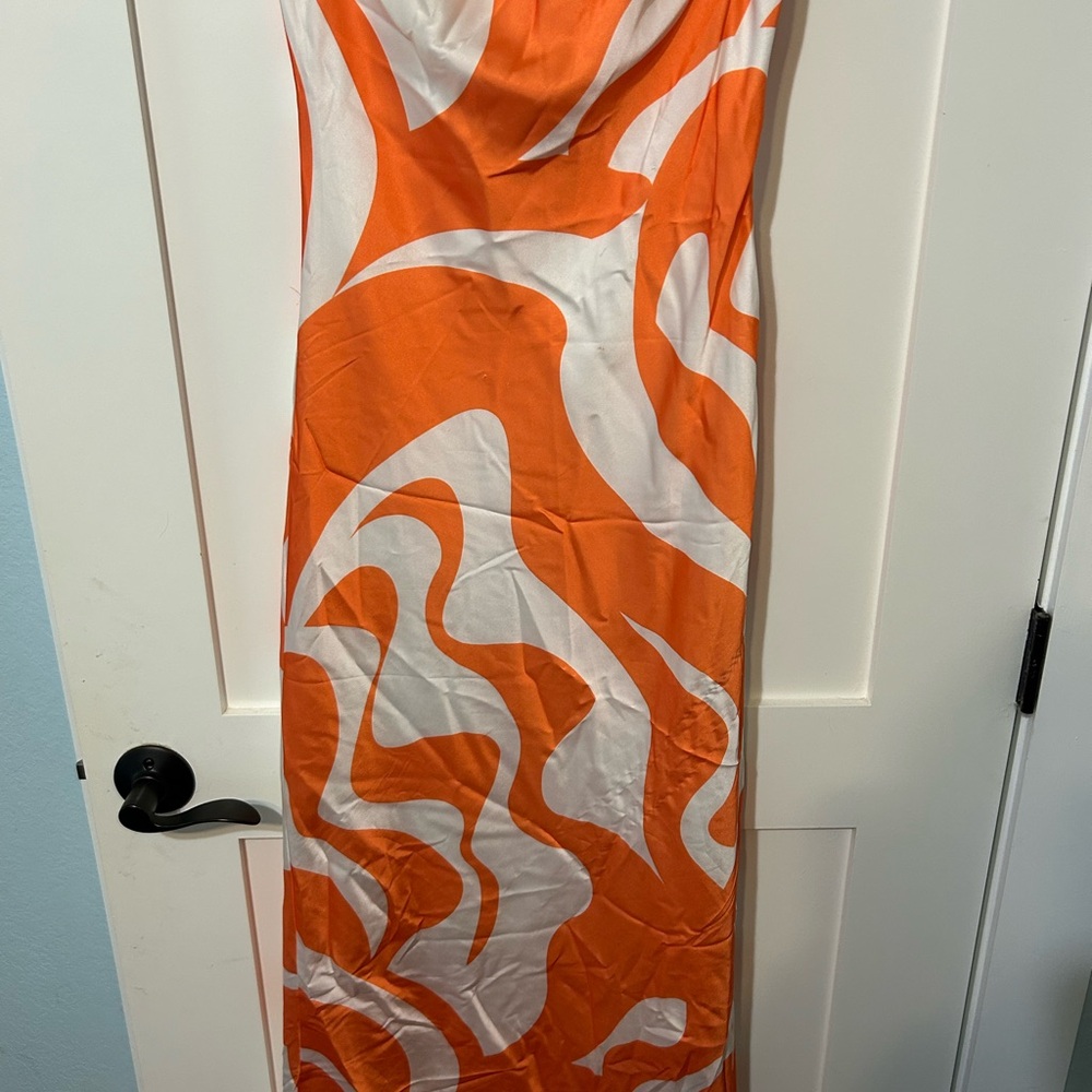 SNYDS orange swirl strapless maxi dress